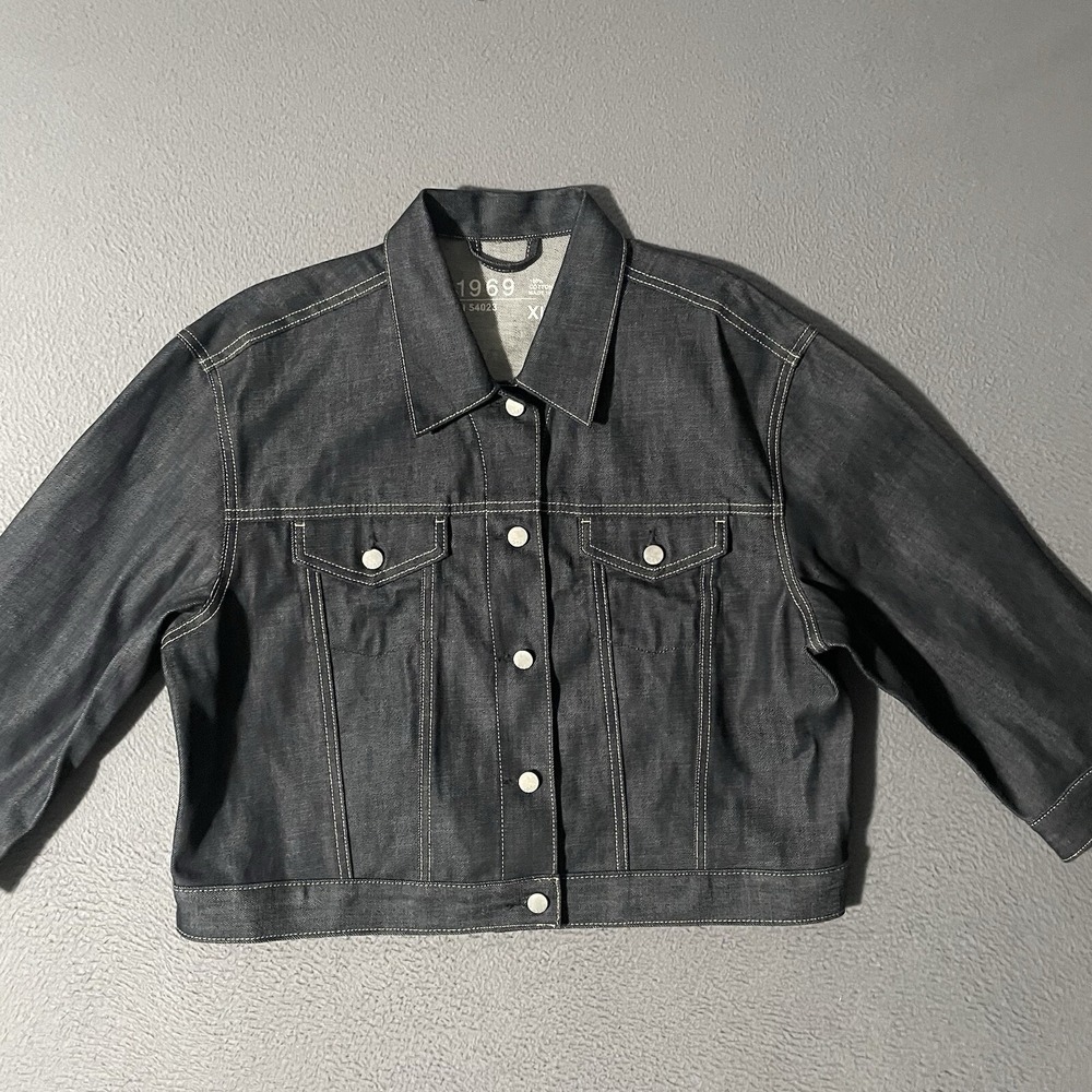 Gap Jacket Womens XL Blue Jean Denim Trucker Button Up Cotton 1969 3/4‎ Sleeve